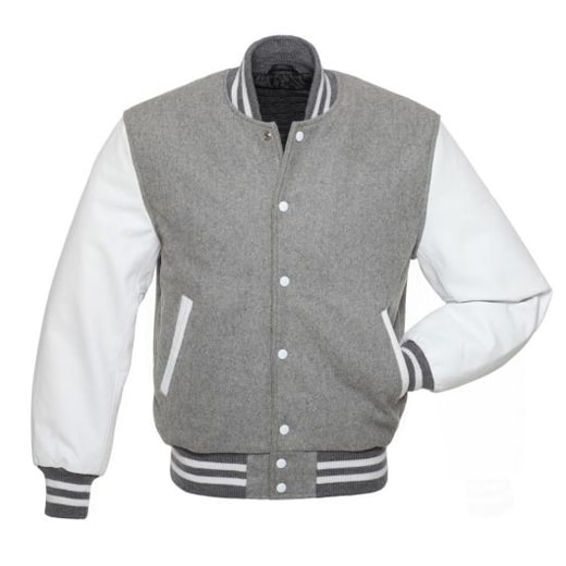 grey and white varsity jacket